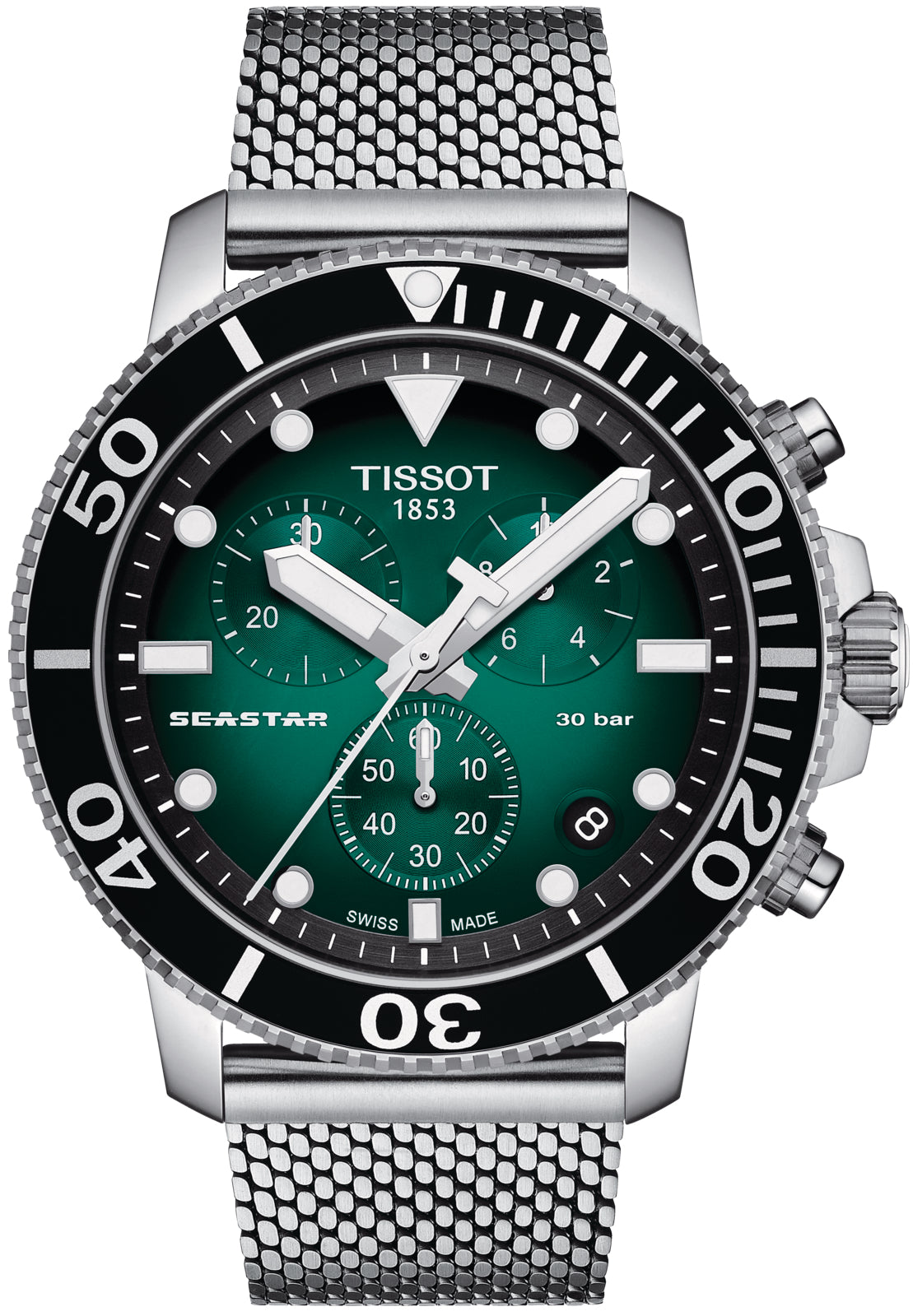 Tissot Seastar 1000 45.5mm Men's Green Chronograph Mesh Watch | T120.417.11.091.00